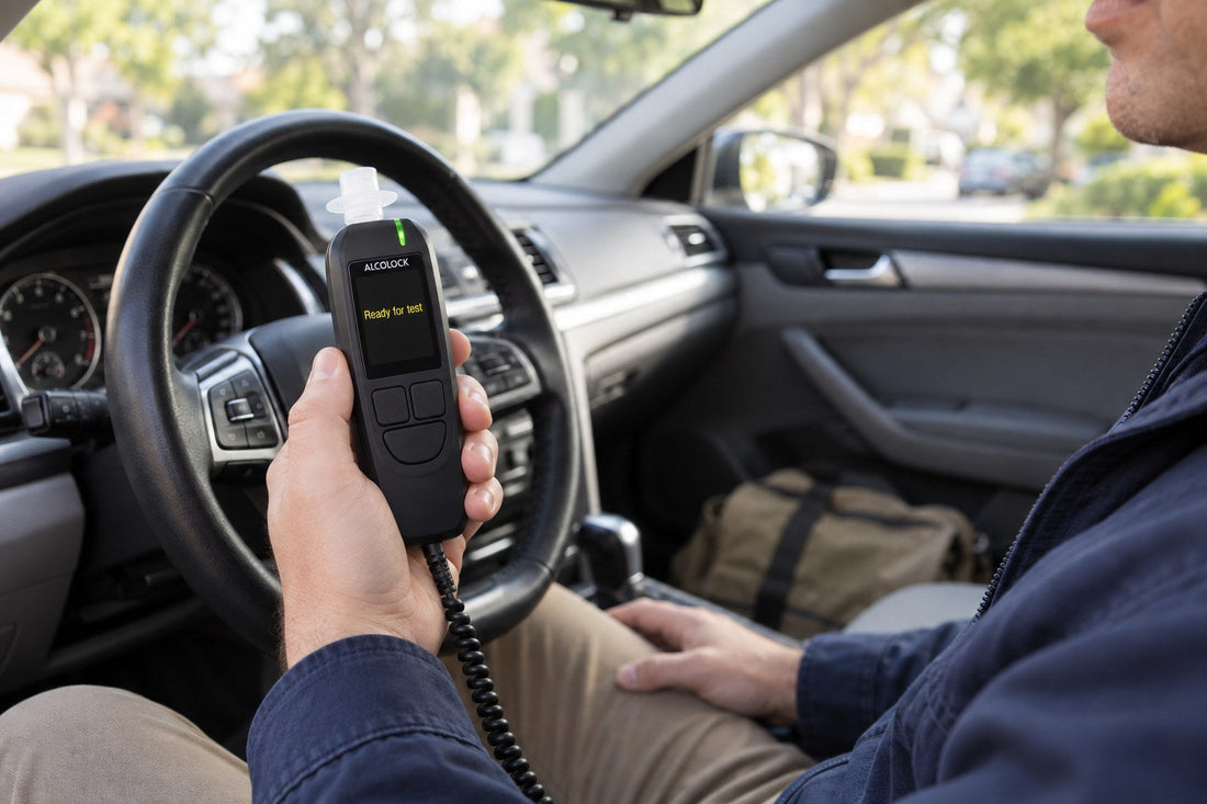 Driver in a navy work jacket parked on a quiet tree-lined street, holding an ALCOLOCK ignition interlock handset that reads Ready for test before the start-up breath test