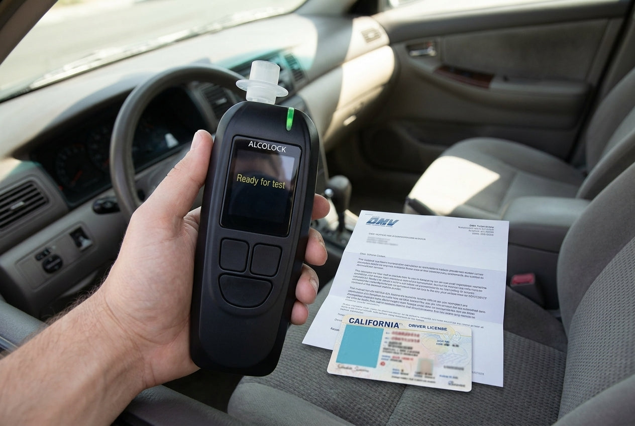 Hand holding an ALCOLOCK ignition interlock device inside a car beside a folded DMV notice letter and a California driver license, representing California's ignition interlock requirement after a DUI
