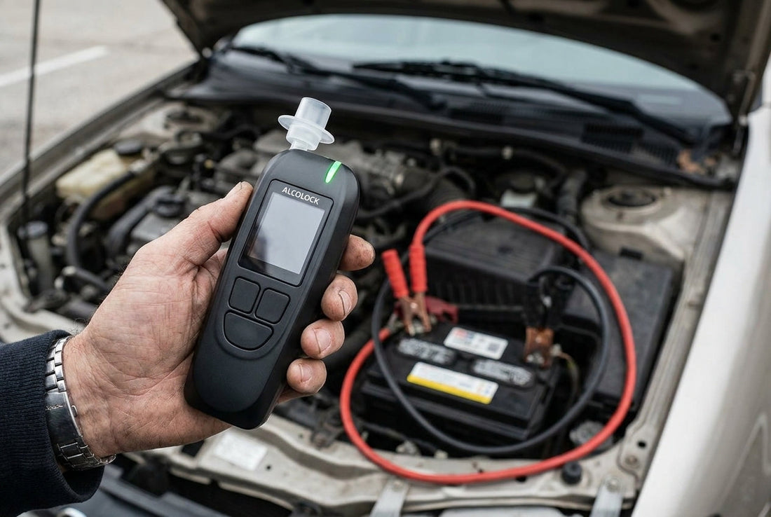 Hand holding an ALCOLOCK ignition interlock device in front of an open car engine bay with a battery and jumper cables, representing how an interlock draws power from the car battery