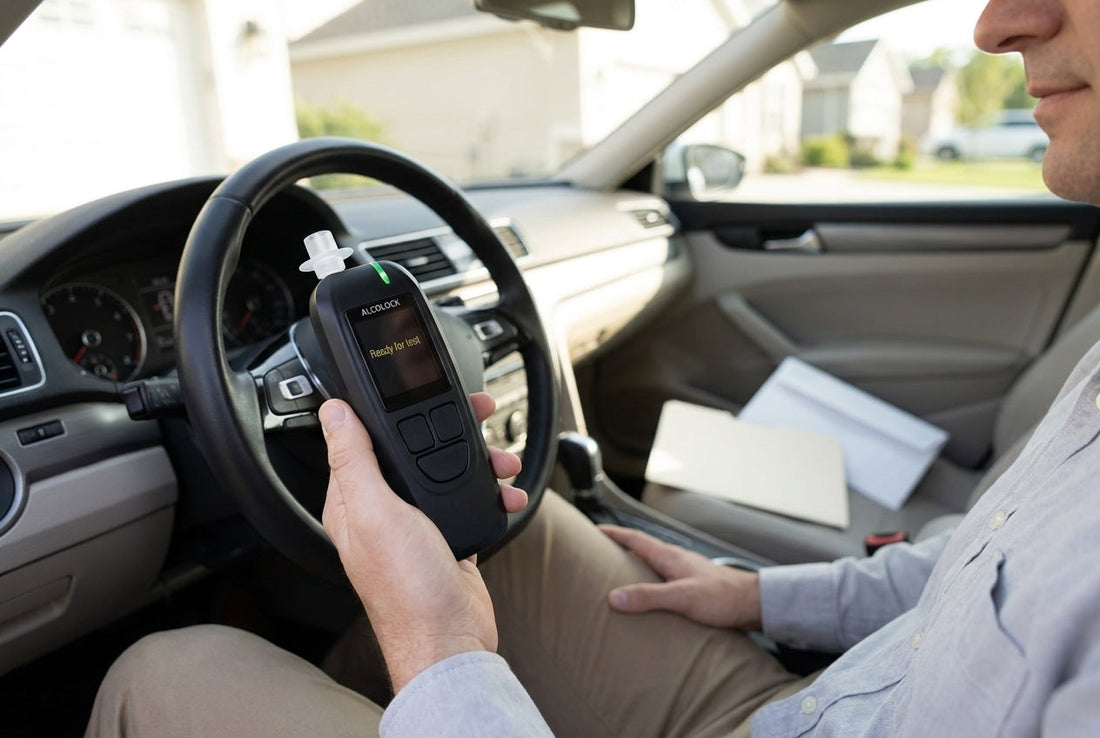 Driver parked in a driveway holding an ALCOLOCK ignition interlock handset that reads Ready for test, with a plain envelope and folder on the passenger seat, before the start-up breath test