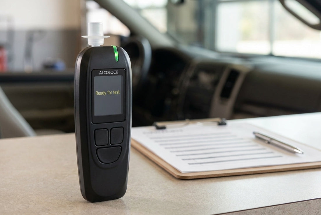 ALCOLOCK ignition interlock device standing on a service-center counter beside a checklist and pen, representing comparing interlock devices before installation