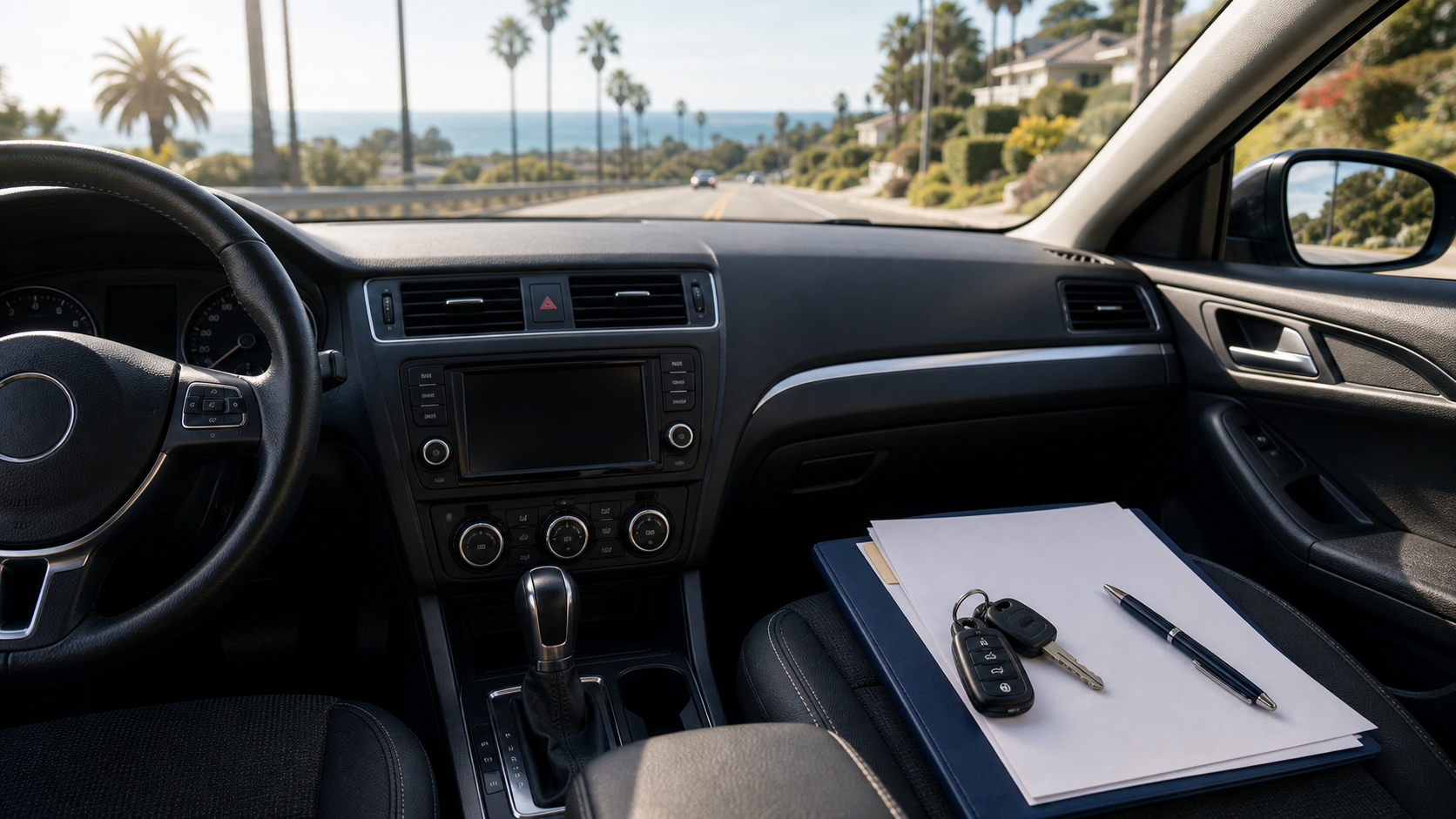 Parked vehicle interior with keys and paperwork on a quiet California road
