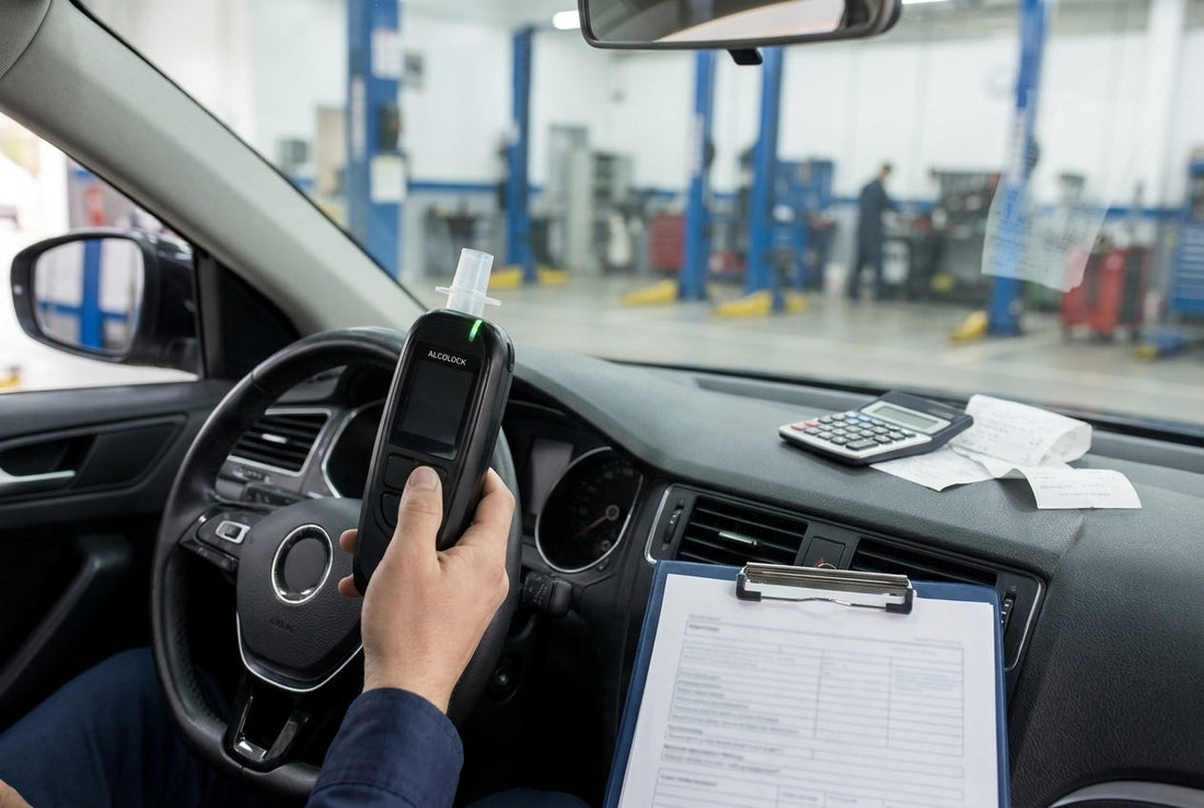 Hand holding an ignition interlock device inside a car with a calculator and receipts on the dashboard, representing California ignition interlock program costs