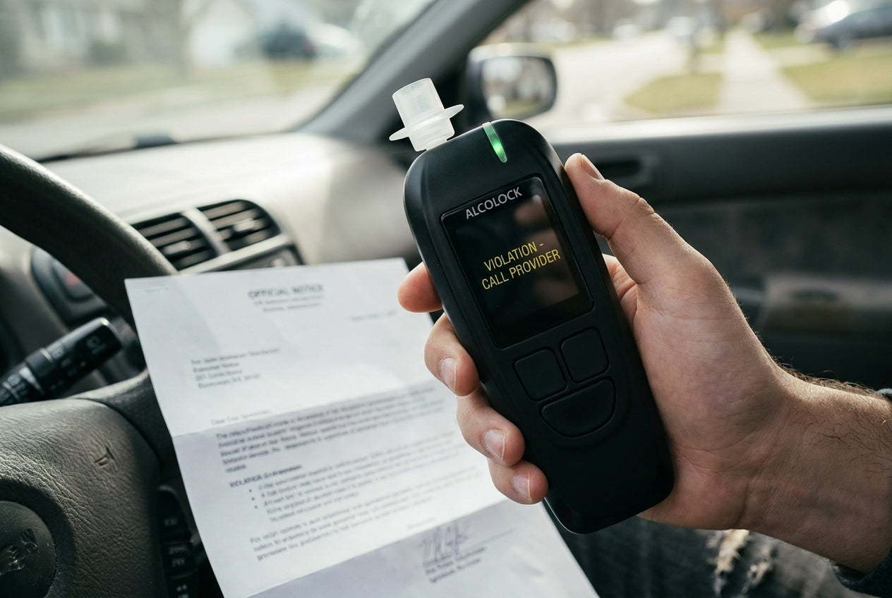 Hand holding an ALCOLOCK ignition interlock device showing a violation alert inside a car beside an official notice, representing ignition interlock device violations