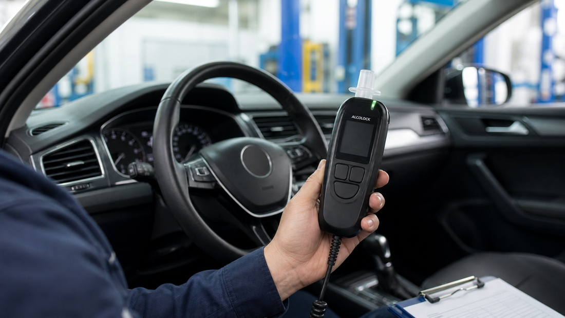 Technician holding an ALCOLOCK ignition interlock device inside a vehicle at a service center