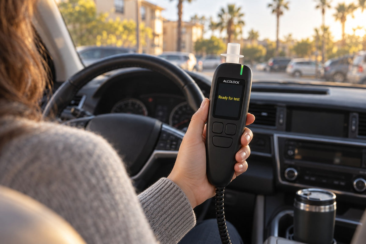 Driver in a sweater parked in a California apartment lot at golden hour, holding an ALCOLOCK ignition interlock handset that reads Ready for test before the start-up breath test